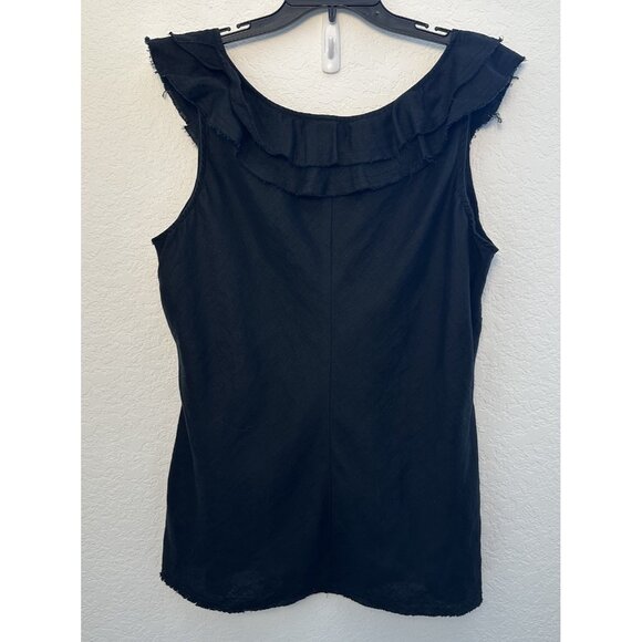 Liz Clayborne Linen Babydoll Top Wmn 16-18? Black Ruffle Raw Hem Minimalist READ - Picture 2 of 11